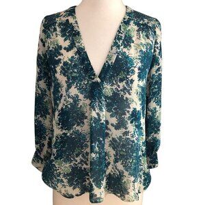 JOIE 100% Silk Teal Blue Cream 3/4 Sleeve Floral Blouse Women's size XS